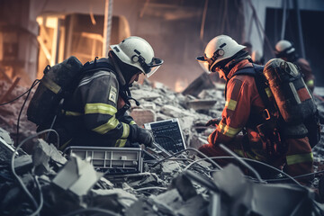 A couple of firemen standing next to a pile of rubble. Generative AI. Rescuer workers in uniform and helments dismantle rubble in town after earthquake.