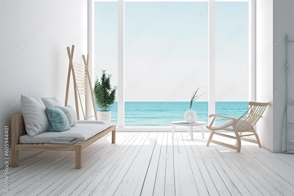 Poster a room that is white and has a view of the ocean. generative ai
