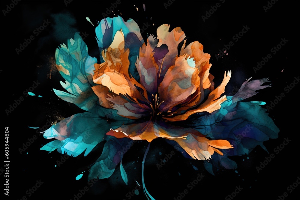 Poster a multicolored flower is shown on a backdrop that is black. generative ai