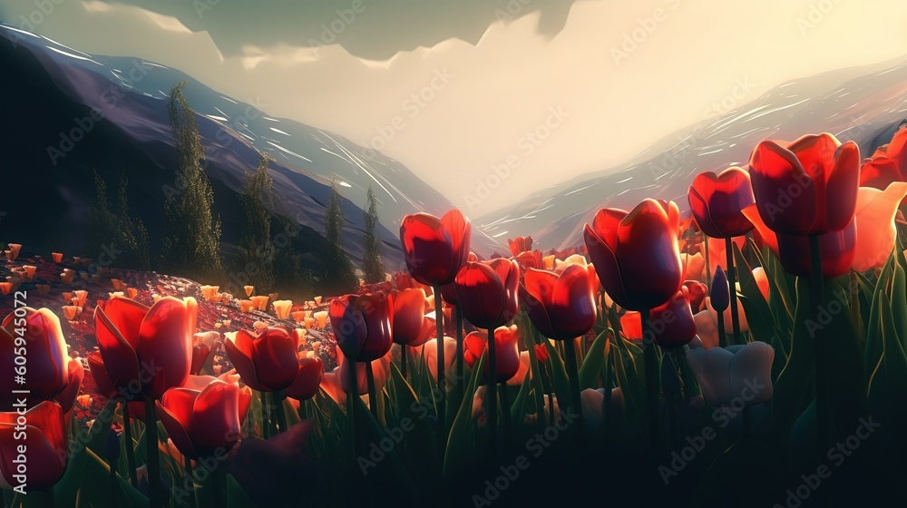 Poster an image depicting a mountainous landscape in the backdrop of a field filled with red tulips generat