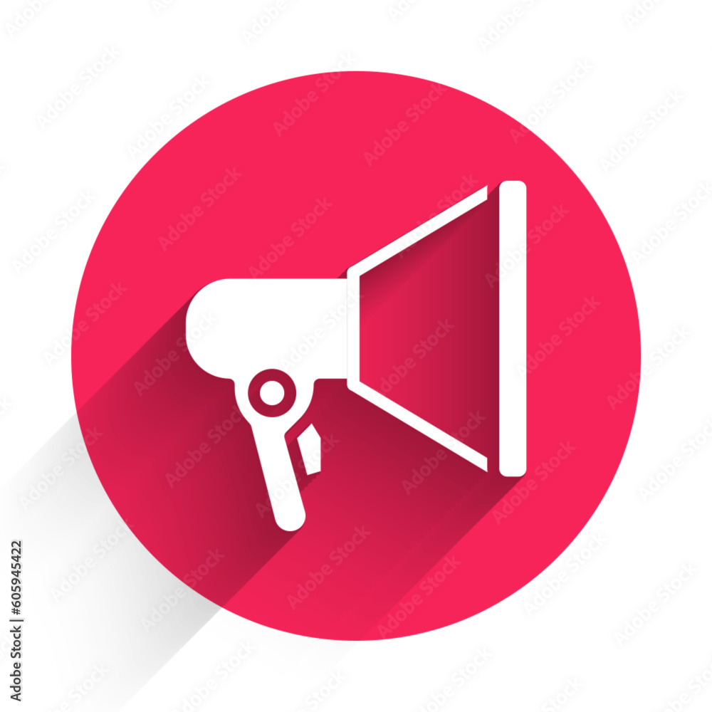 Poster white megaphone icon isolated with long shadow. speaker sign. red circle button. vector