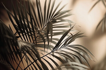 Tropical leaves with shadow on beige background illustration. AI Generated