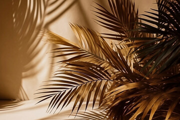 Beige background of palm leaves with shadow illustration. Generated AI