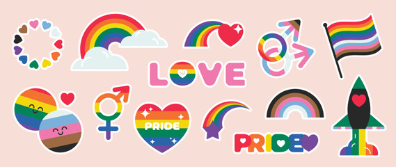 Happy Pride LGBTQ element set. LGBTQ community symbols with rainbow flag, rocket, heart. Elements illustrated for pride month, bisexual, transgender, gender equality, sticker, rights concept.