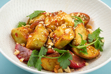 Portion of gourmet crispy fried eggplant salad on blue background