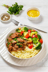 beef mushrooms stew with mashed potato and salad