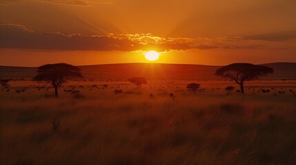 Fototapeta na wymiar Experience the awe-inspiring beauty of a breathtaking sunset over the African savannah, captured through stunning footage. Generated by AI.
