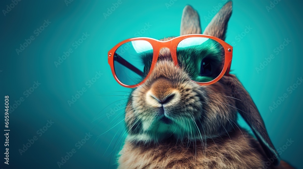 Poster a rabbit outfitted with a pair of bright red sunglasses generative ai