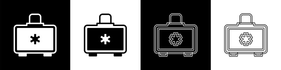 Set First aid kit icon isolated on black and white background. Medical box with cross. Medical equipment for emergency. Healthcare concept. Vector