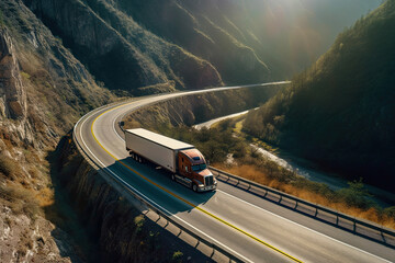 a truck driving down a mountain road with the sun shining through the trees and mountains in the image is taken from above. Generative Ai - obrazy, fototapety, plakaty