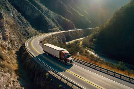 a truck driving down a mountain road with the sun shining through the trees and mountains in the image is taken from above. Generative Ai