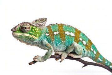 Obraz premium Green Chameleon on a branch isolated on white background. Generative AI