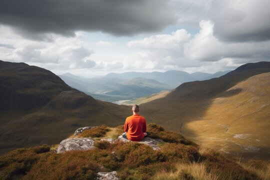Young man meditating in the lotus position sitting on the edge of a cliff overlooking the mountains. Generative AI