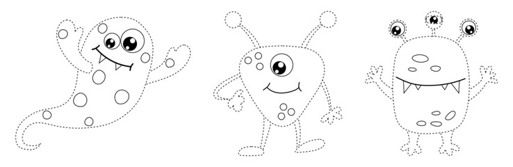Connect the Dots, educational game for kids, cartoon monsters, aliens
