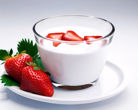 milk or yogurt with strawberries isolated on white background