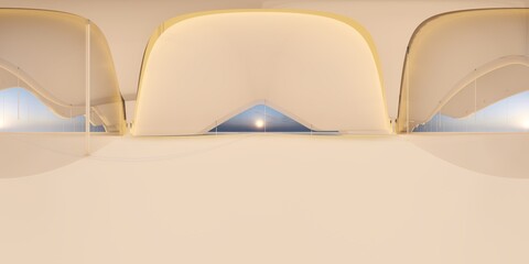 Fototapeta na wymiar Panorama interior background empty room with curved wall and arched windows overlook sunset 3d render
