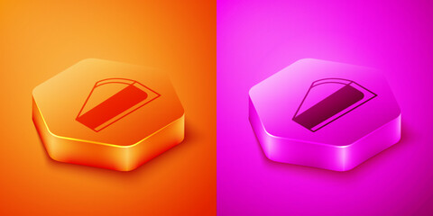 Isometric Cherry cheesecake slice with fruit topping icon isolated on orange and pink background. Hexagon button. Vector