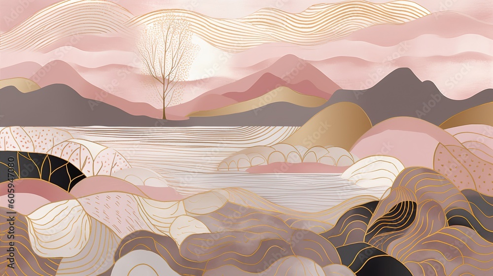 Poster a picture depicting a scene in the countryside with some mountains and a tree generative ai