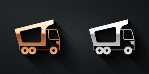 Gold and silver Delivery cargo truck vehicle icon isolated on black background. Long shadow style. Vector