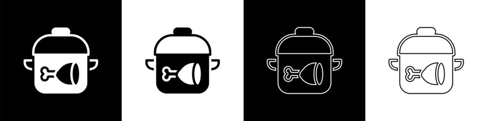 Set Cooking pot and chicken leg icon isolated on black and white background. Chicken drumstick. Vector