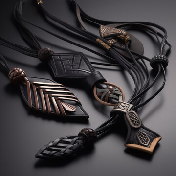Boho style leather and cord jewelry. Photorealism. Made with Generative AI.
