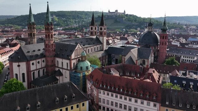 Wurzburg Historical Center Aerial Drone Footage. Old Main Bridge, Wurzburg Cathedral, Marktplatz and walking People