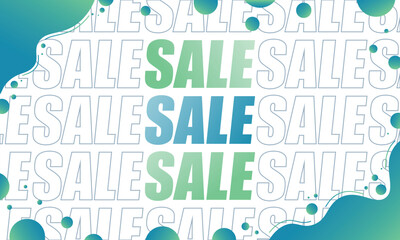 Colorful blue and green gradient sale background with filled and linear sale shapes. Liquid discount and offer title page for sales.