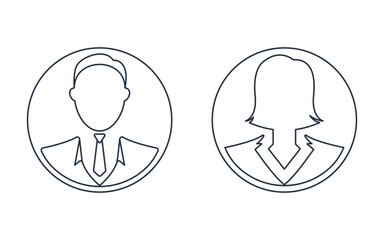 Minimalistic linear male with tie and female with short hair icons. Genders filles icons for room separation concept design. Gender separations.