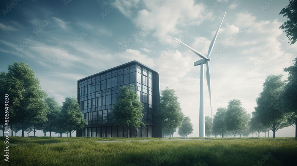 Poster a wind generator installed next to a house in the middle of a field generative ai