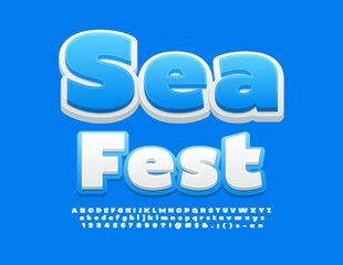 Vector travel Banner Sea Fest. White and Blue bright 3D Font. Trendy Stylish Alphabet Letters, Numbers and Symbols