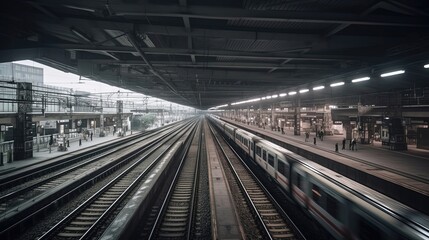 The high-speed train station buzzes with activity during the peak rush hour, as commuters and travelers rush to catch their trains, creating a sense of urgency and motion. Generated by AI.