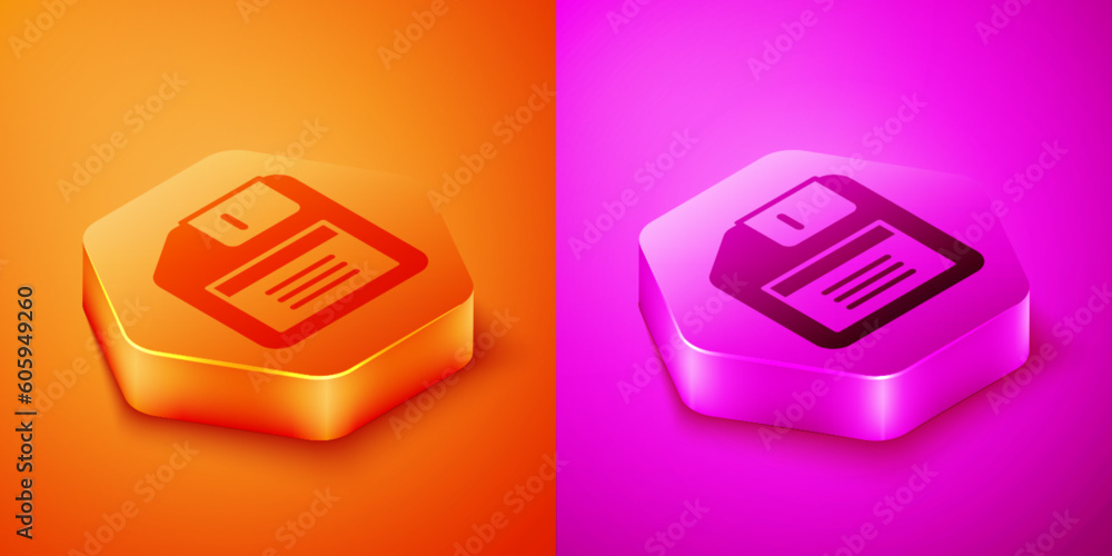 Poster isometric floppy disk for computer data storage icon isolated on orange and pink background. diskett