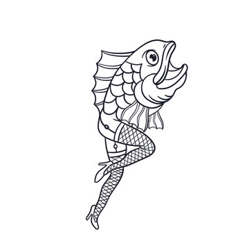 Hand drawn illustration of a reverse mermaid outline