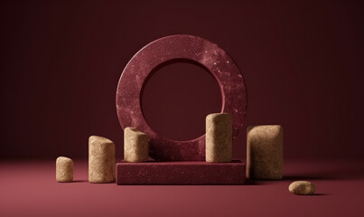 Stone display in 3D on a dark background. Promotional pedestal with rocks for cosmetics and beauty products. Background in burgundy. Abstract rendering. Minimal 3D render mockup. Generative AI