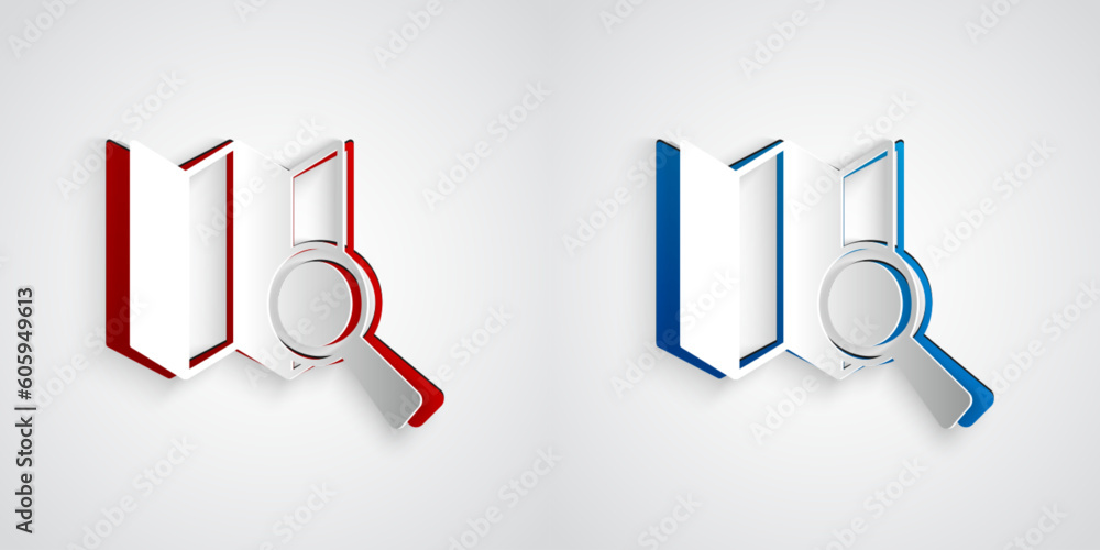 Poster paper cut search location icon isolated on grey background. magnifying glass with pointer sign. pape