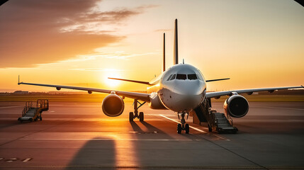 Fototapeta na wymiar Passenger airplane on runway near the terminal in an airport at sunset time. Generative AI