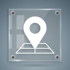 White Folded map with location marker icon isolated on grey background. Square glass panels. Vector