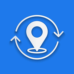 Paper cut Map pin icon isolated on blue background. Navigation, pointer, location, map, gps, direction, search concept. Paper art style. Vector