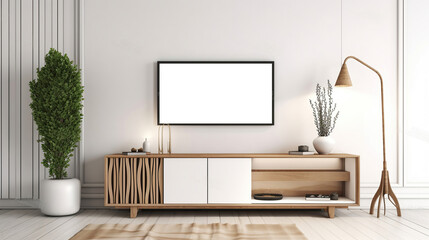 A Captivating Fusion of White and Wooden Design in a Modern Room. Generative AI