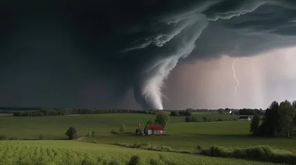 Fotobehang Witness the spectacle of nature as a tornado forms in the distance, captured in gripping footage that reveals the turbulent motion. Generated by AI. © Кирилл Макаров