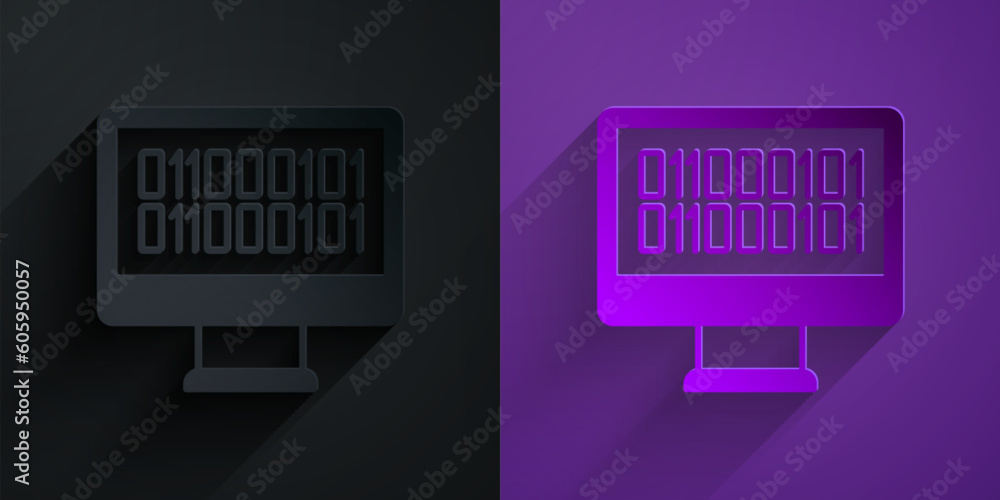 Poster paper cut binary code icon isolated on black on purple background. paper art style. vector