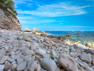 Seascape mountain Conero National Park, view of the Sassi Neri beach - black stone beach, Adriatic...