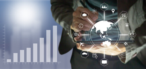 Blurred image of man holding tablet connecting to internet world and grid graph, modern connection modern future
