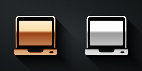 Gold and silver Laptop icon isolated on black background. Computer notebook with empty screen sign. Long shadow style. Vector