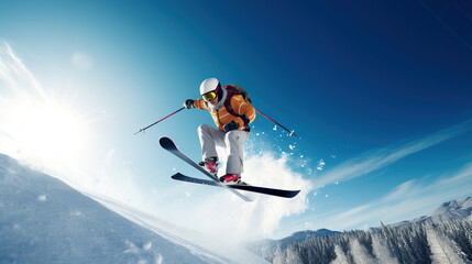 Skiing. Jumping skier. Extreme winter sports. Generative AI