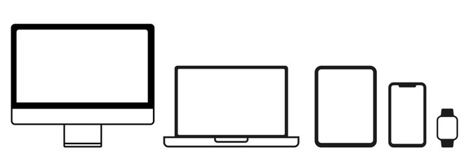 Set of electronic devices icons. Computer, laptop, tablet, smartphone, smartwatch. Vector illustration. Isolated on white background