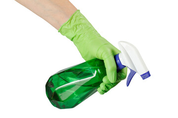 Woman's hand with a pressure sprayer on the white isolated background. - obrazy, fototapety, plakaty