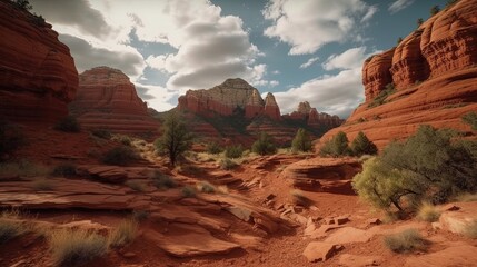 Naklejka na ściany i meble Explore the captivating allure of Sedona's red rock formations, where jagged cliffs and majestic spires of deep red sandstone. Generated by AI.