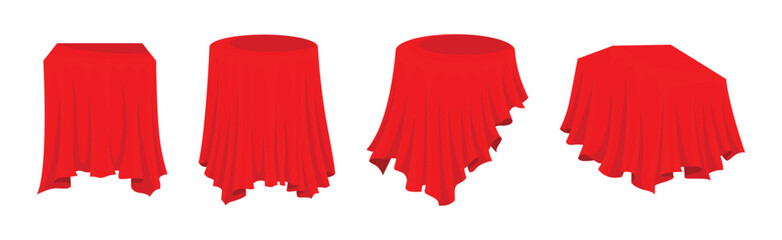 Red Silk Cloth or Smooth Fabric Covering Different Objects Vector Set