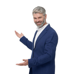 Mature businessman in stylish clothes posing on white background